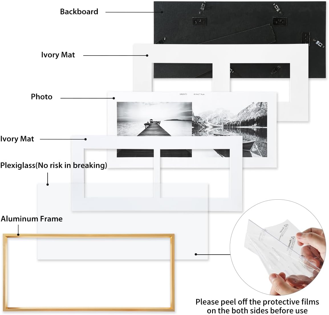 5x7 2-Opening Picture Frame Gold Aluminum Metal Molding Photo Frames with 2 Mats and HD Plexiglass for 5x7 or 4x6 Pictures Display, Tabletop Stand and Wall Mounting