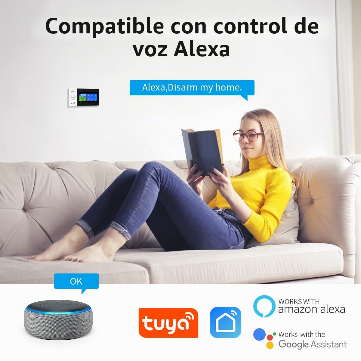 Sistema de Alarma para el hogar inalámbrico, Sistema de Seguridad Wi-Fi con Pantalla Completa inalámbrica de 4,3" Funciona con Alexa y Google para el hogar, apartamento