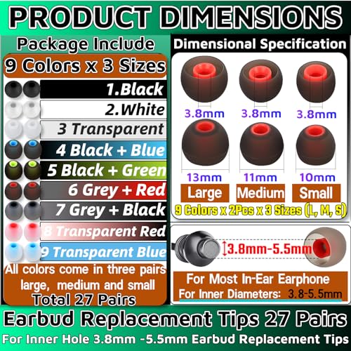 Earbud Replacement Tips 54Pcs,3 Sizes S/M/L, 9 Colors Silicone Tips Headphone Covers Ear Bud Rubber Tips Silicone Earbud for Ears Headphone Ear Covers Replacement (Inner Hole 3.8mm -5.1mm)