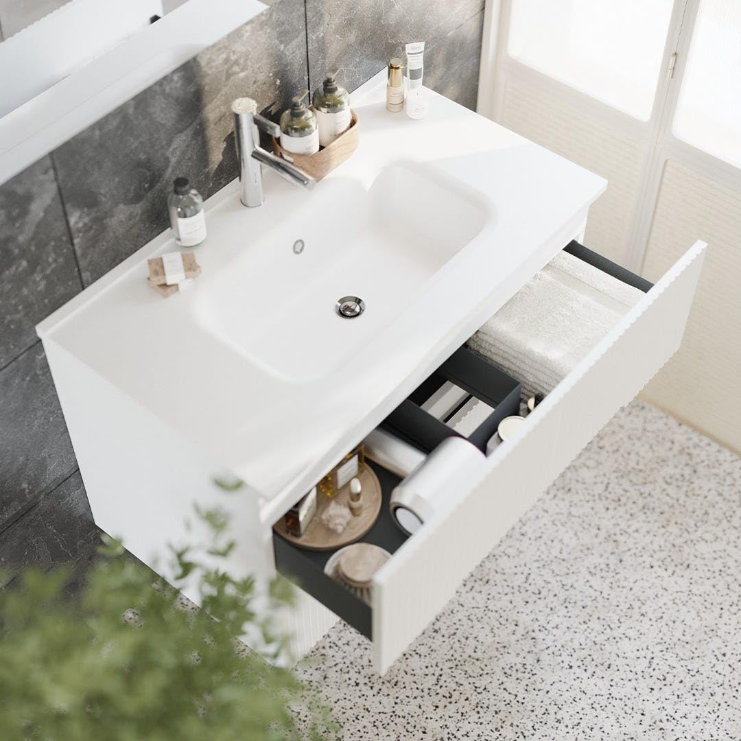 Kiamami Valentina - Mobile Bagno Sospeso 100cm Bianco, 2 Cassetti, Frontale Bianco Cannettato, Lavabo in Ceramica, Design Moderno, Già Assemblato | Magnolia