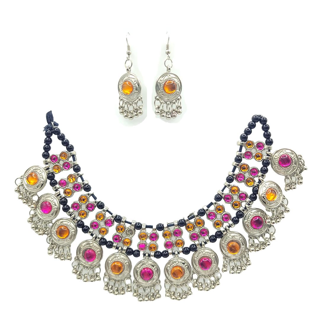 Kallos Jewellery Stylish Boho Tribal Silver Oxidised Necklace Jewellery Set Women for Girls Navratri Garba Dandiya Multicolor Orange Pink (B0CL1DJ1VH) Amazon Price History, Amazon Price Tracker