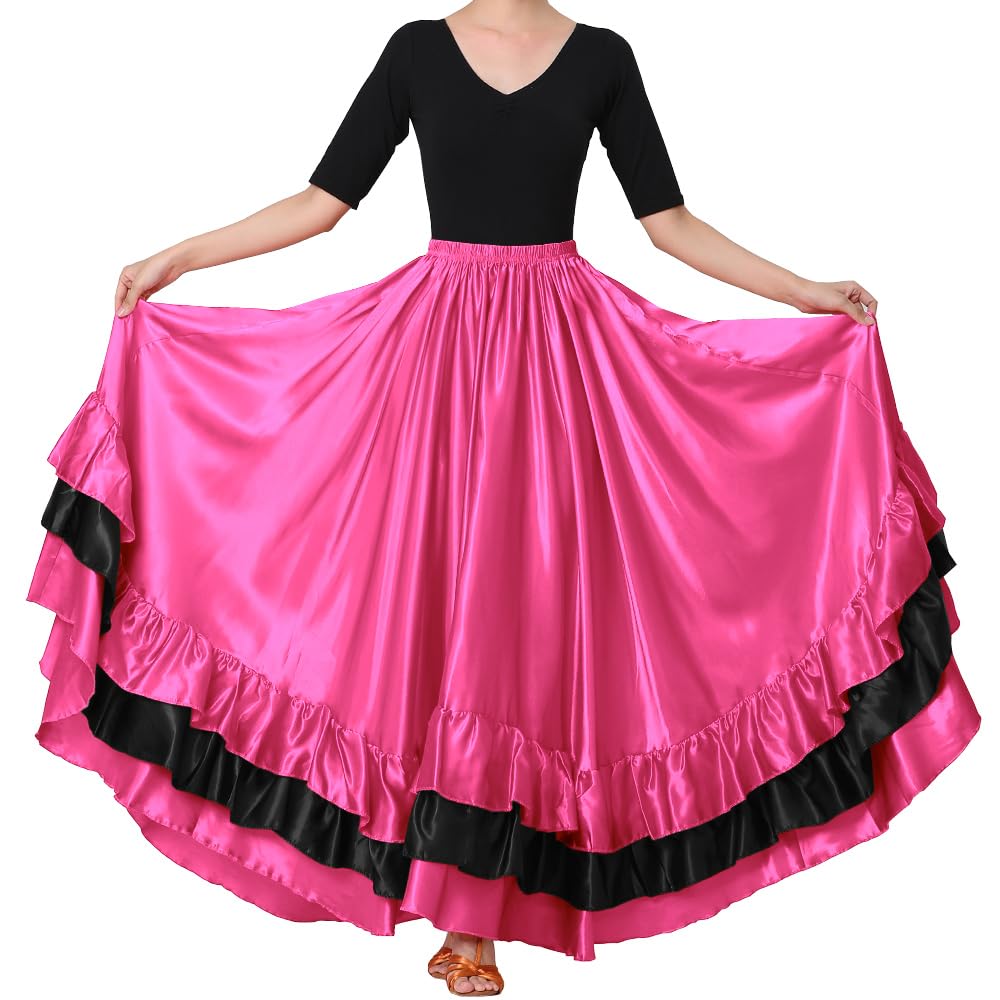 Women Black Red Layers Satin Long Skirt for Spanish Flamenco Belly Dance Mexico Ballet Folklorico Performance