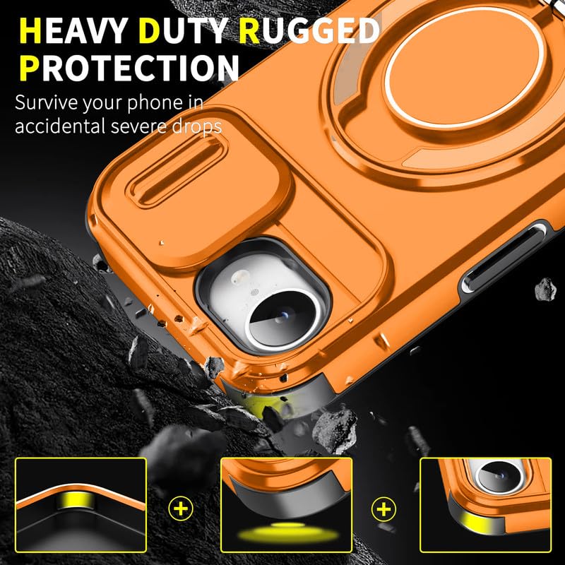 Image of LuxuryKase Shockproof Rugged Case for iPhone 16e | iPhone 17e | Slide Camera Cover | 360 Rotating Ring Kickstand | Military-Grade Protection - Sunset Orange