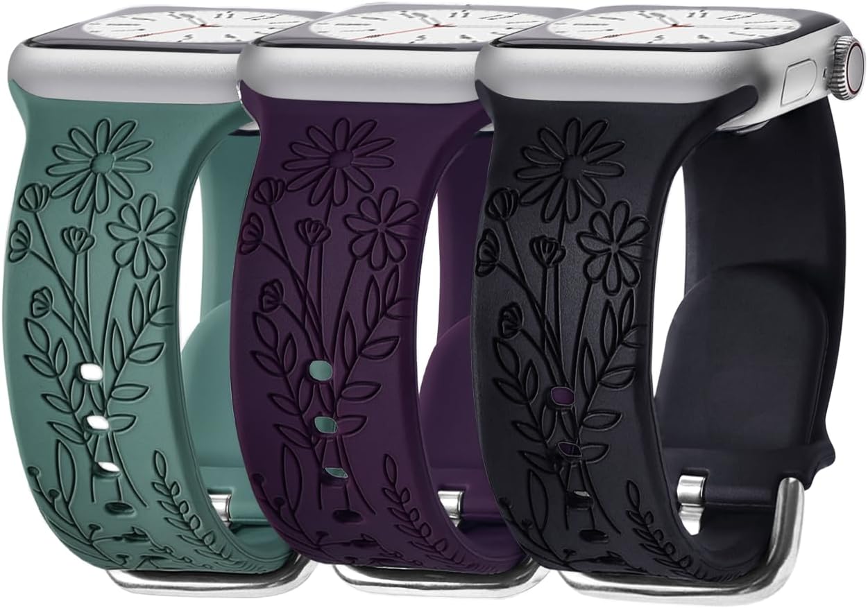 3 Pack Wildflower Engraved Bands Compatible with Apple Watch Band 46mm 40mm 38mm 41mm 44mm 42mm 45mm 49mm Women, Floral Soft Silicone Sport Strap for iWatch Series SE 11 10 9 8 7 6 5 4 3 2 1 Ultra