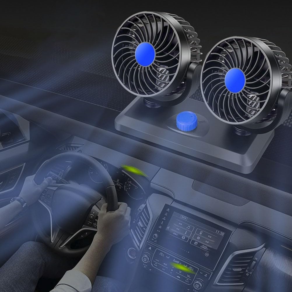 Ventilador de coche de doble cabezal alimentado por USB, compatible con 5 V, 12 V, 24 V, 2 ajustes de velocidad ajustables y cabezales de ventilador giratorios de 360 grados para una refrigeración