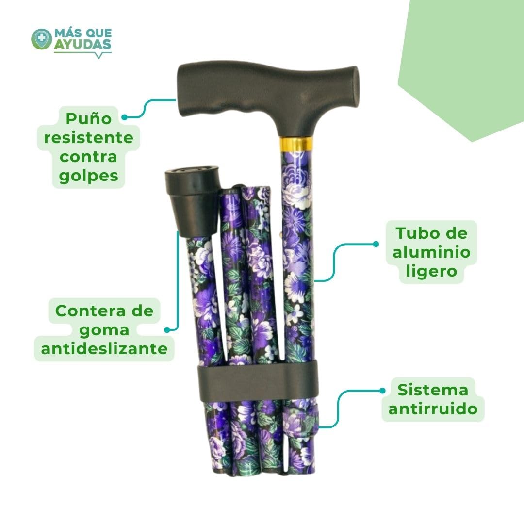 MAS Que AYUDAS – Bastón para Mayores y Adultos Basic, Plegable y Portátil, Altura Ajustable 83-93 cm, Puño Resistente contra Golpes, Bastón para Caminar y Pasear, 320 g, Violeta