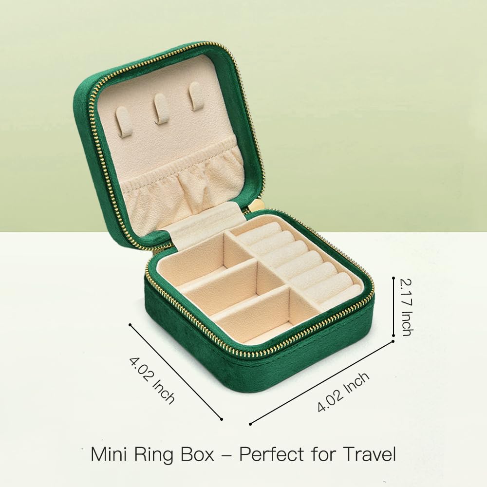 TAIMY Reise-Schmuckschatulle aus Plüschsamt, klein, tragbar, Mini-Schmuck-Organizer-Boxen für Ringe, Ohrringe, Halsketten, Armbänder (Smaragdgrün, ohne Spiegel)