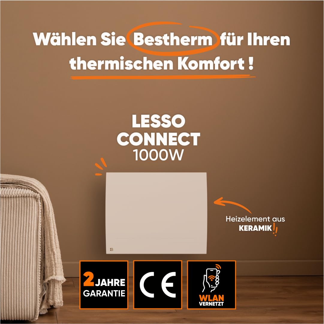 BESTHERM Bestherm Lesso Connect Elektroheizkörper, Heizung, WLAN, mit trockener Trägheit, Keramik, 1000 W, horizontal, weiß