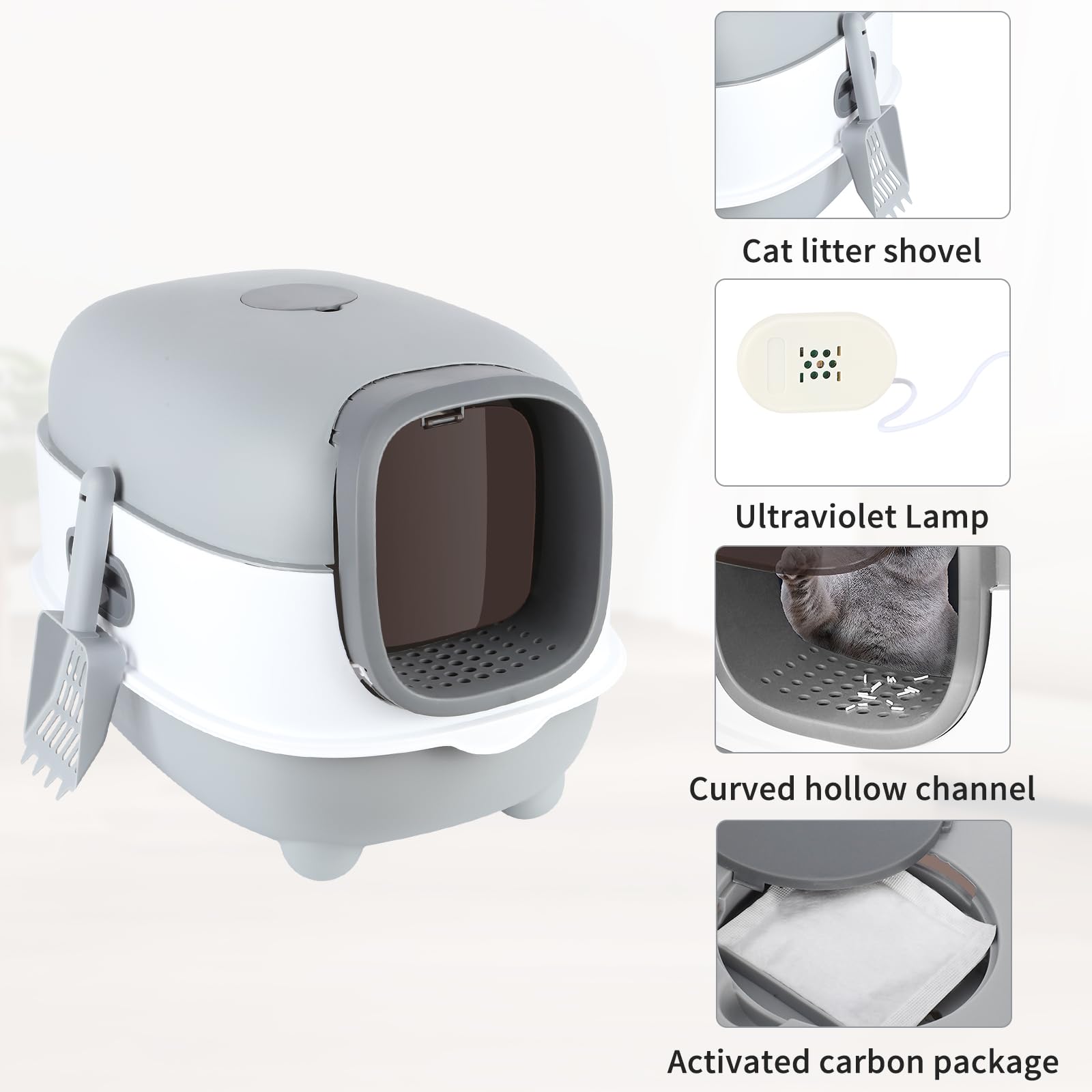 Lettiera per Gatti, Toilette, con Kit di Deodorizzazione & Telecomando di Disinfezione Automatica UV, Funzione Autopulente. (40 * 39 * 56 cm, Grigio)