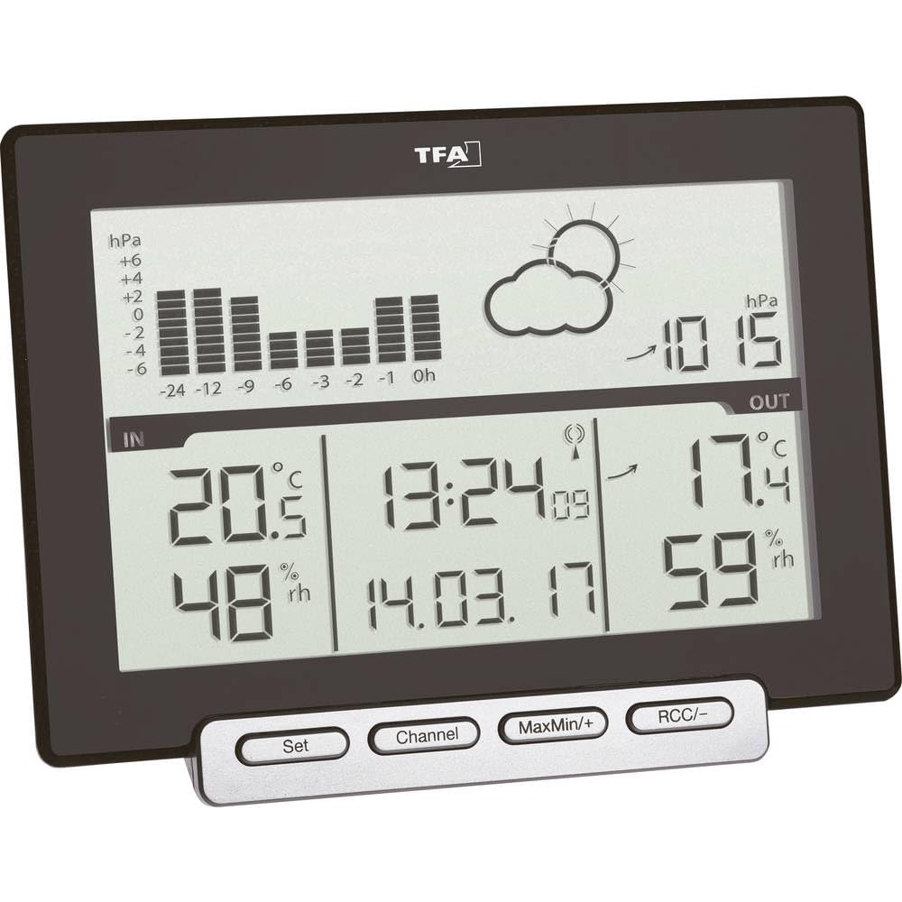 TFA Dostmann Stazione meteo con sensore esterno digitale wireless Meteo Sens, 35.1139.01, termo-igrometro, andamento della pressione atmosferica, umidità, temperatura, orologio radiocontrollato, nero