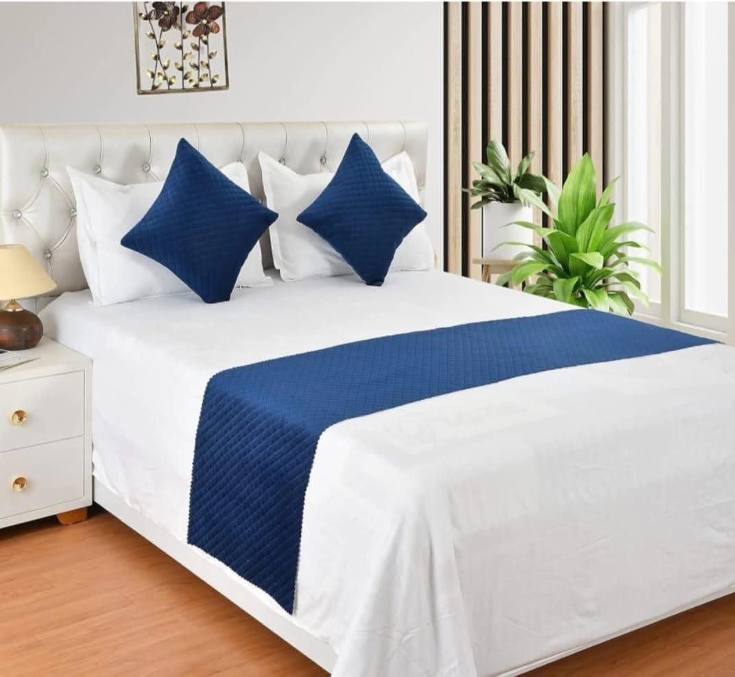 Premium Velvet Quilted Set of Bed Runner (18 x 93 inches) and 2 Cushion Covers (16 x 16 inches) Combo Set (Royal Blue)-image-22