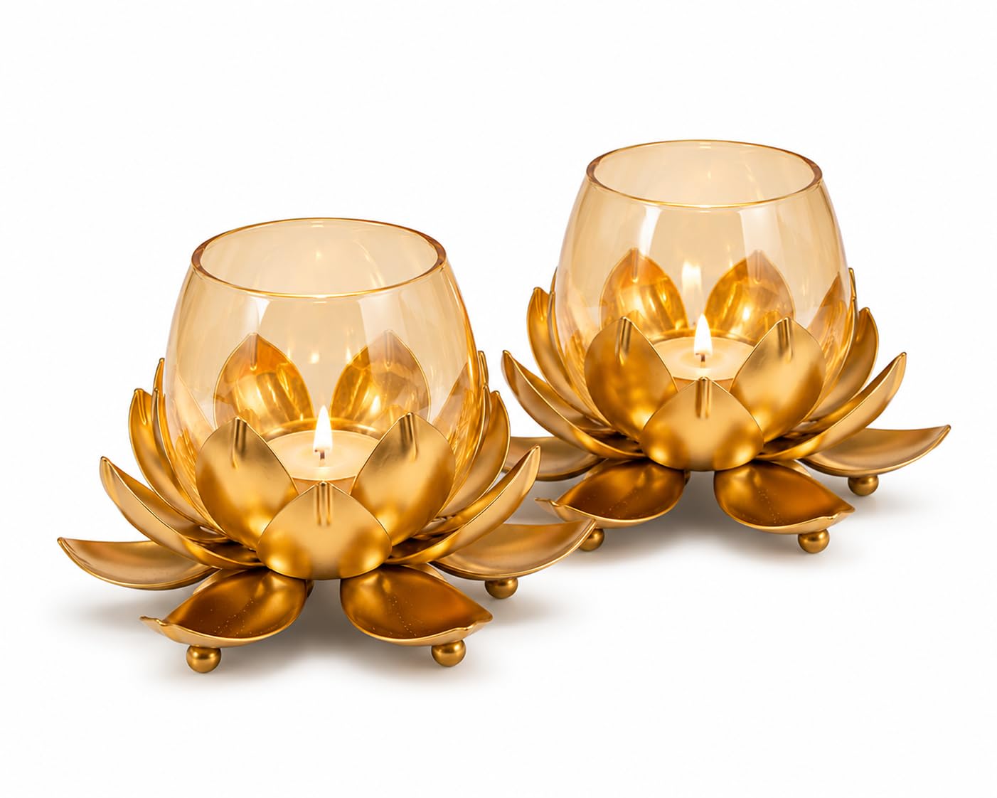 Lotus Shape Candle Stand with Crakle Glass Holder for Home Decoration/Special Occasions Side Table Decoration Gift Set for Festival Decoration Gift Pack of 2 x 5 inches-image-38
