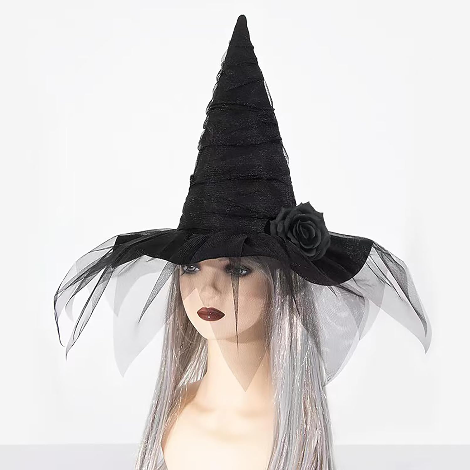 Halloween Witch Hat, Ruched Witches Hats for Women Wizard Hats Halloween Costume Accessories Black