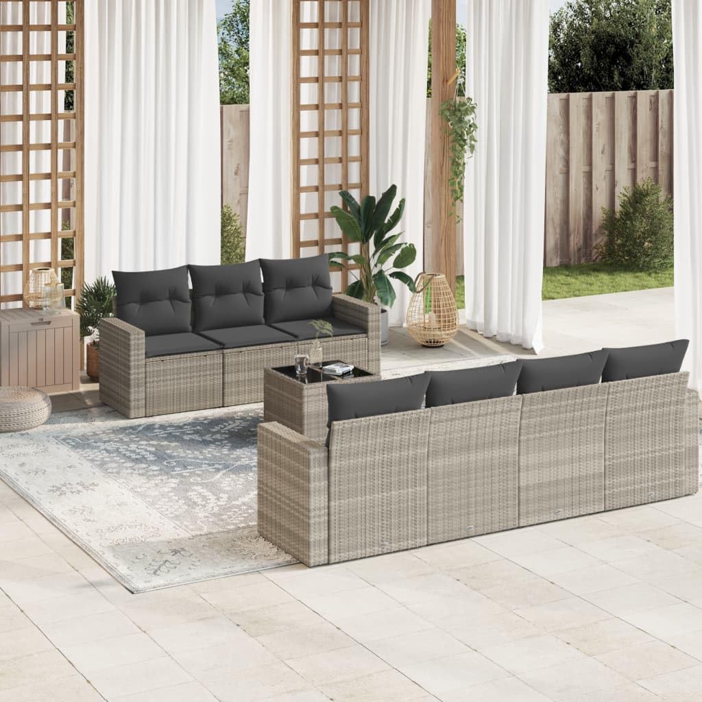Set Divano da Giardino 8pz Polyrattan Grigio Chiaro Tavolo | Salotto modulare da esterno per giardino e terrazzo con vano contenitore sotto seduta e tavolino in vetro temperato.