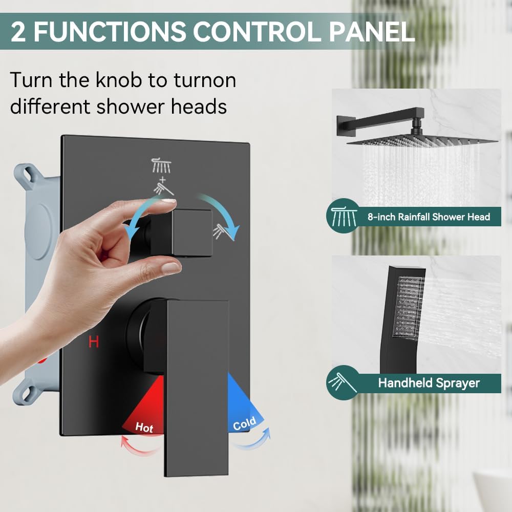 Matte Black Shower Faucet Set Shower System, STARBATH 8" Wall Mount Rain Shower Head and Handheld Spray for Two Person, Shower Faucet Set with Diverter Valve and Trim Kit Complete