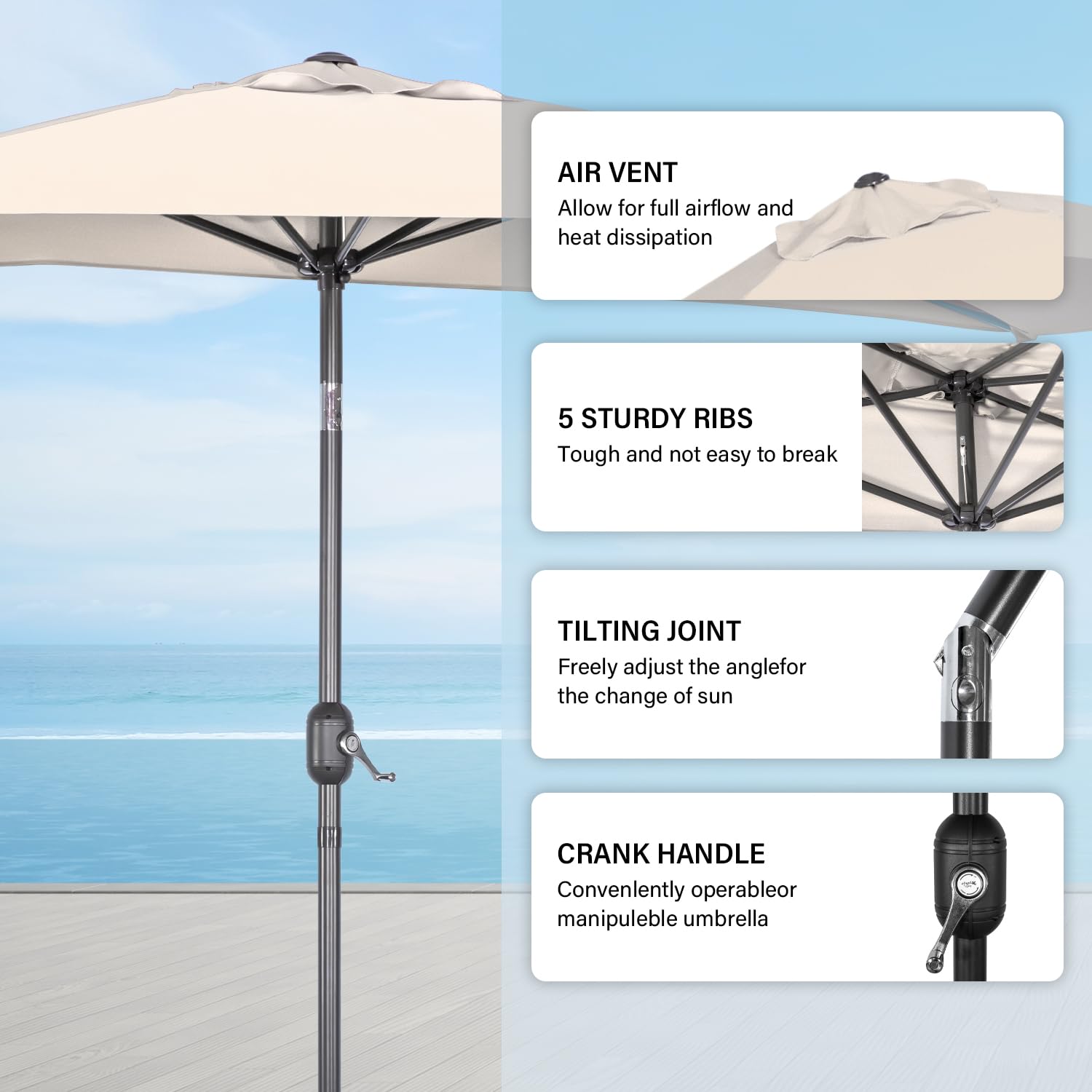 Angel Living 2.5 x 1.3 m Semi Sombrilla de Jardín Cuadrado de Acero y Poliéster, Parasol Inclinado con Manivela, Sombrilla con Mástil Acero 38mm, para Balcón Terraza Patio Jardin