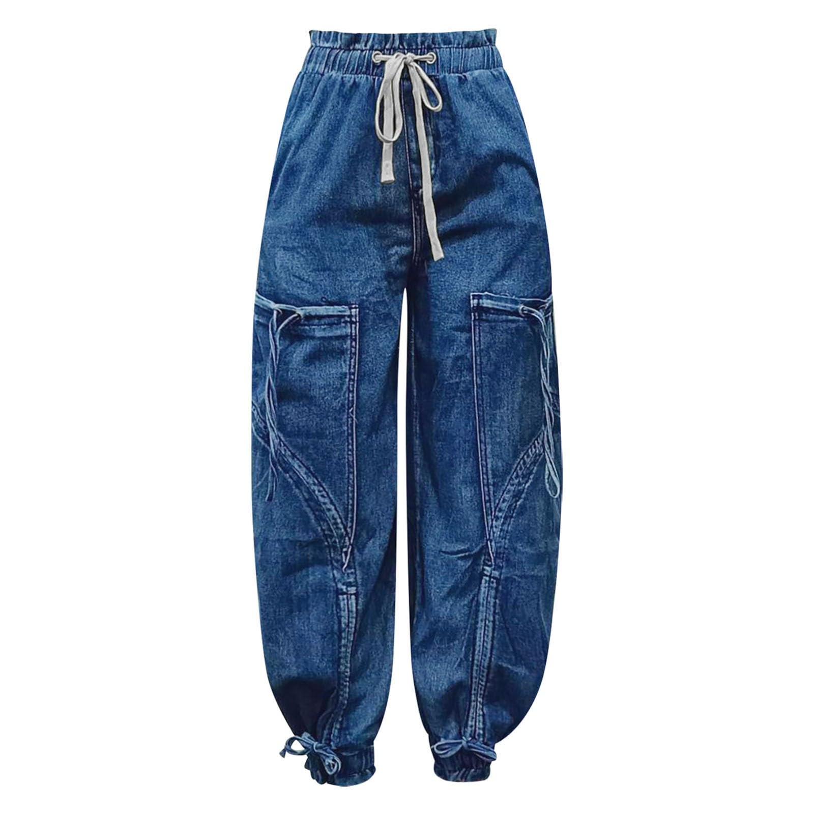 Genérico Vaquero Mujer - Vaqueros De Mujer Pitillo Pantalones Vaqueros Tobilleros Rectos con Cintura elástica y cordón Ajustable cómodos y Holgados