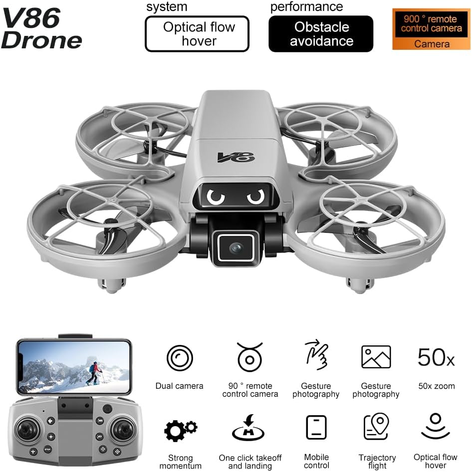 Mini Remote-Control Drone With Camera, A Quadcopter Featuring a Full-Guard Propeller Design to Reduce Collision Risks, With Cool LED “Eye” Lights and Flashing Tail Lights. Obstacle Avoidance, Optical Flow Positioning, 90° Adjustable Camera, Altitude Hold, 360° Flips, One-Key Takeoff/Landing, and Headless Mode. Comes With 2 Batteries, Ideal for Beginners and Leisure Entertainment RC Small Airplane For Age 8-12