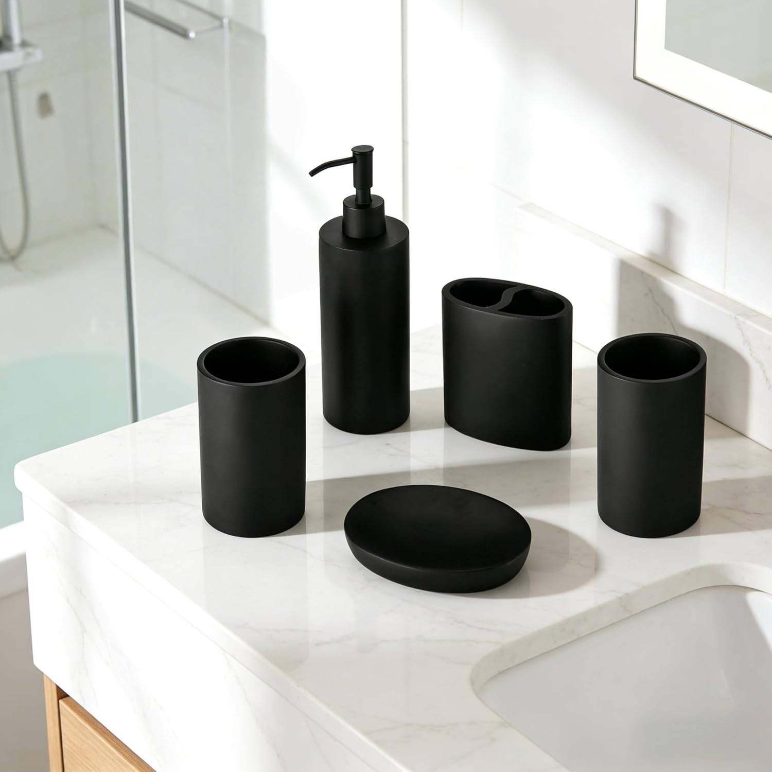 Matte Black 5 Piece Bathroom Accessories Set - Resin Countertop Kit with Soap Dispenser, Toothbrush Holder, 2 Tumbler Cups, Soap Dish​