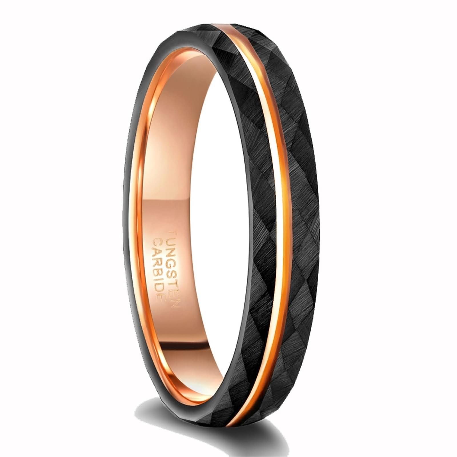 Anillos de Hombre Mujer Personalizados de Tungsteno, 4MM/6MM/8MM Redondo Cepillado con Ranuras, Anillo Negro Hombre