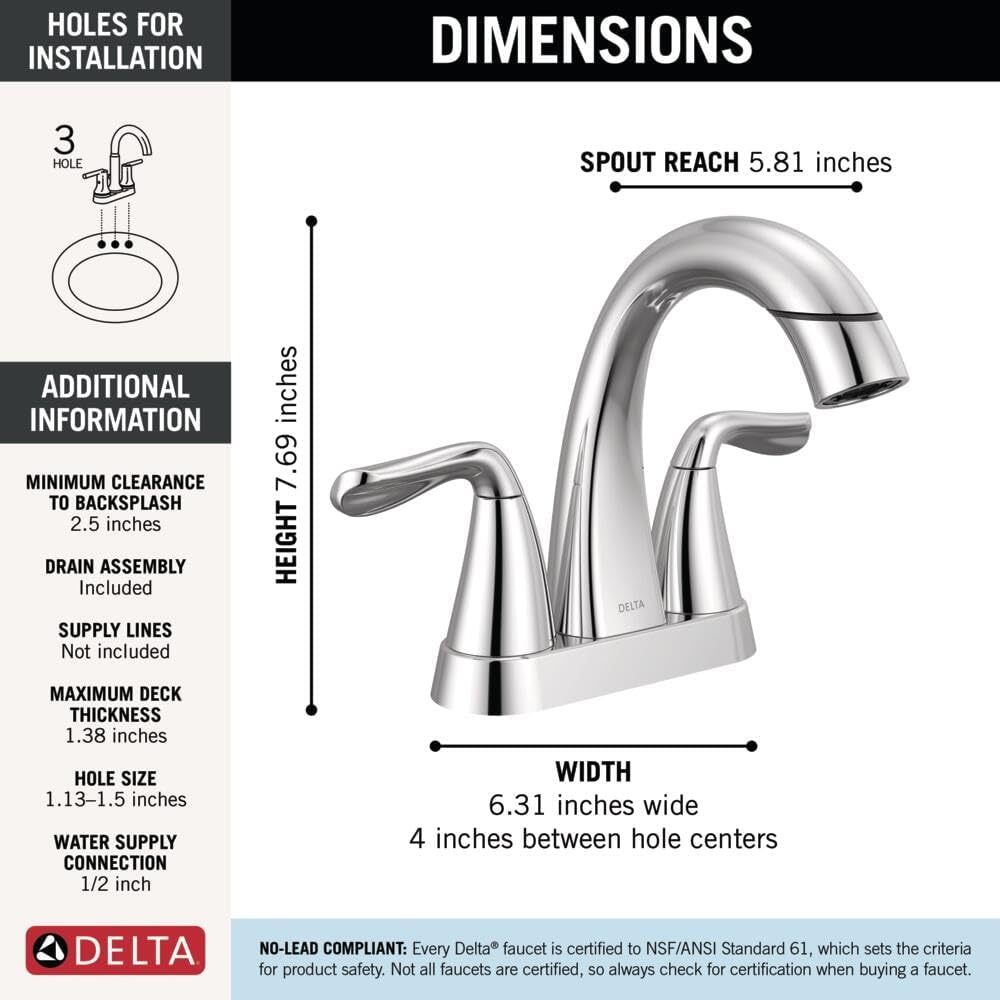 Delta Arvo Pull-Down Centerset Bathroom Faucet, Chrome Bathroom Sink Faucet, Bathroom Faucet with Pull Out Sprayer, 3-Hole Bathroom Faucet, Chrome 25840LF-PD