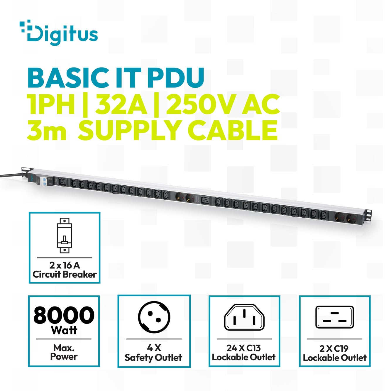 DIGITUS Basis IT PDU – 24 x C13, 2 x C19, 4 x Schutzkontaktsteckdose | 2x Leitungsschutzschalter 16A – 1-phasig 32A – 3 m Zuleitung – IEC 60309 32A Stecker – 8000W