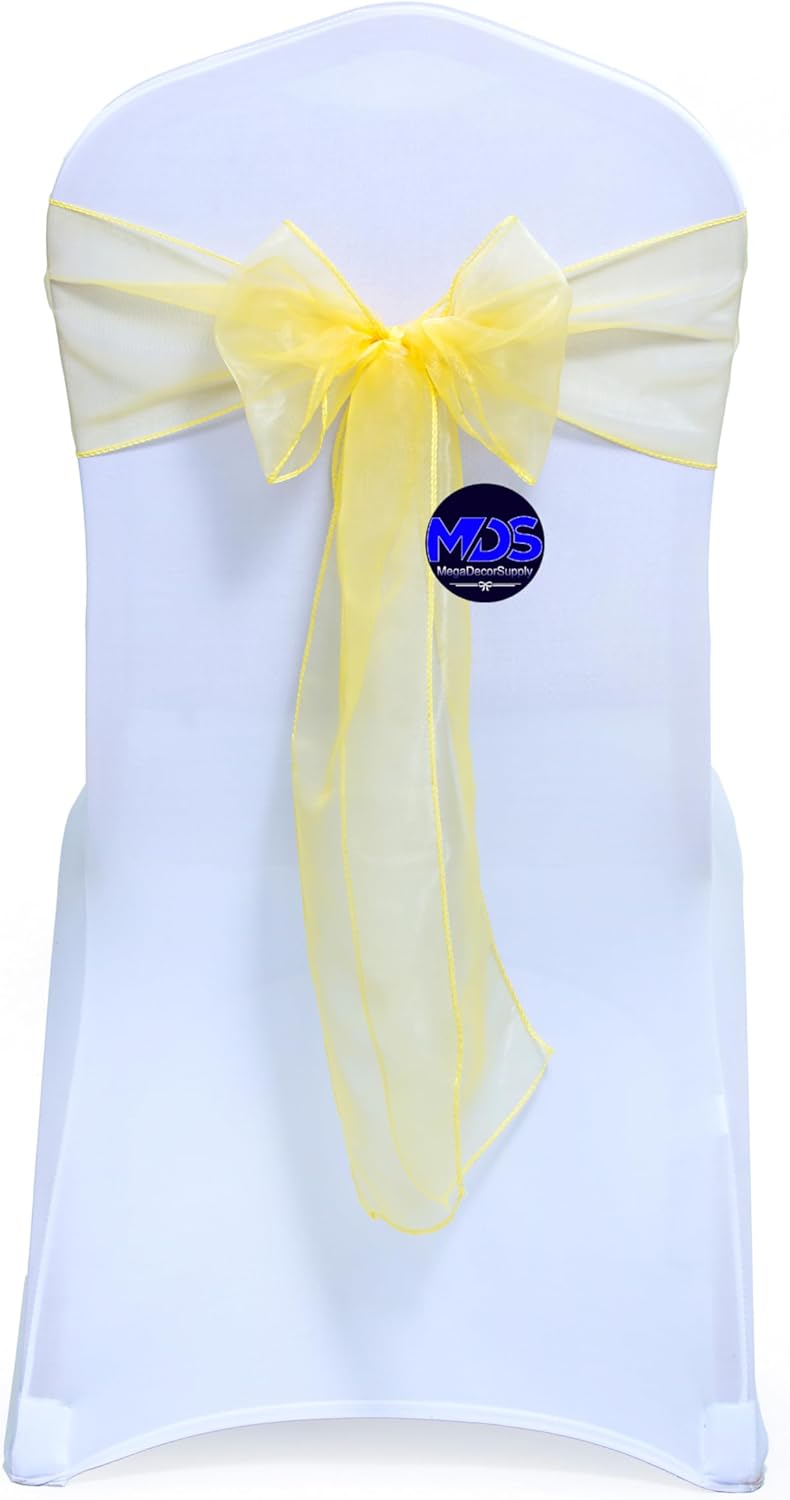MDS Pack of 50 Organza Chair Sashes Bows for Wedding Reception Event Banquets Chair Decoration, Restaurant Dinning Chair Cover Wider Sash Ribbon Tie Back Bulk Party Supplies - Yellow