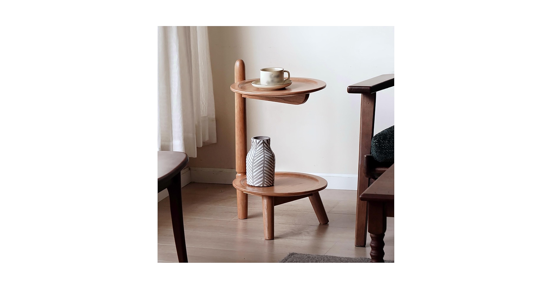 Amazon|2段ラウンドチェリーウッドソファサイドテーブル オープン収納 Amazon|2段ラウンドチェリーウッドソファサイドテーブル オープン収納