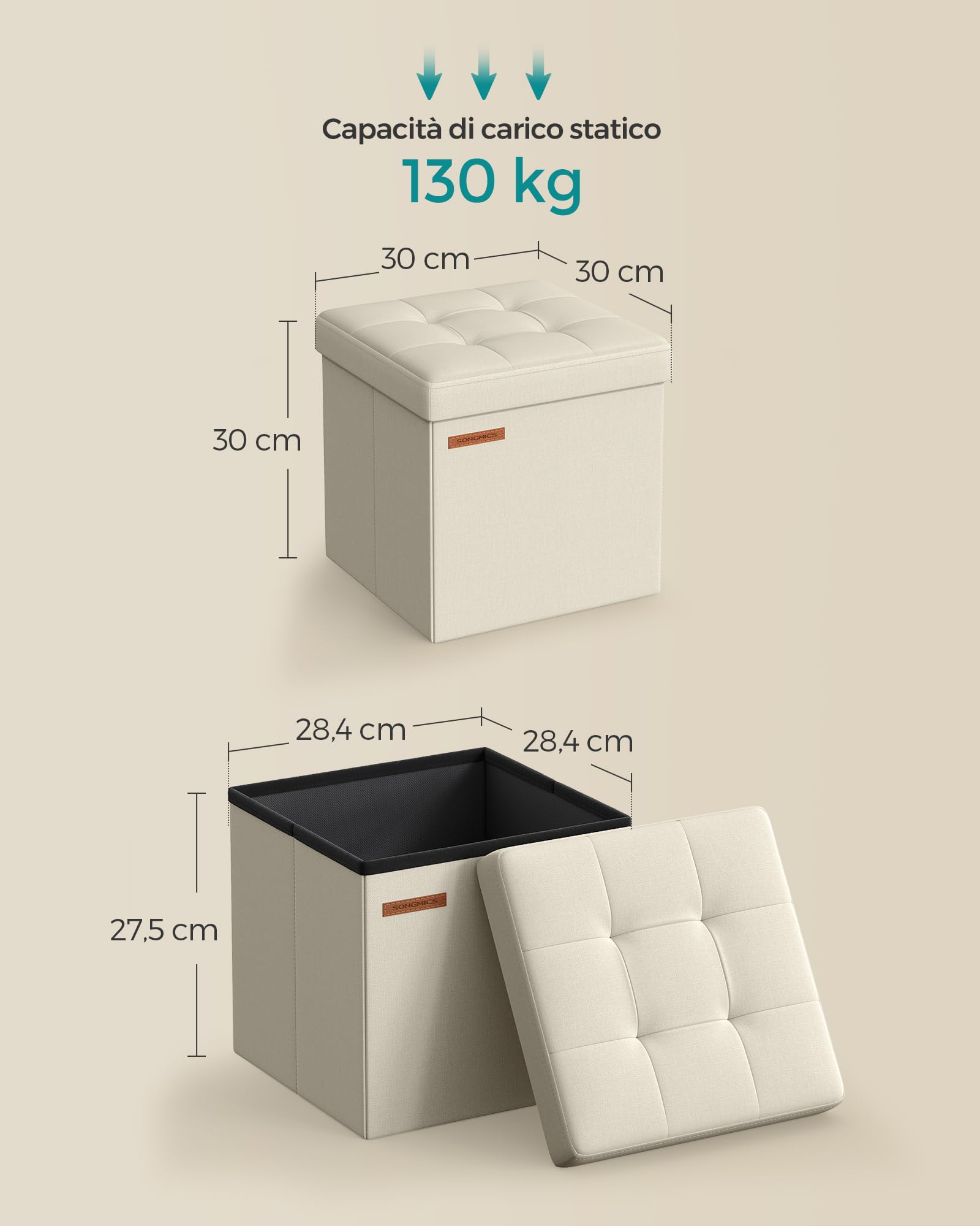 SONGMICS Cassapanca, Pouf Contenitore, Poggiapiedi Pieghevole da 30 x 30 cm, Ottomano con Stoccaggio, Regge fino a 130 kg, per Soggiorno, Camera da Letto, Dormitorio, Bianco Crema LSF028W01