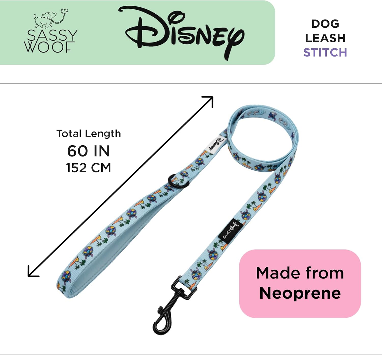 Sassy Woof Disney Stitch Dog Leash 60-Inch with Neoprene Padded Handle - Comfortable, Durable, and Stylish for Small to Large Dogs - Officially Licensed