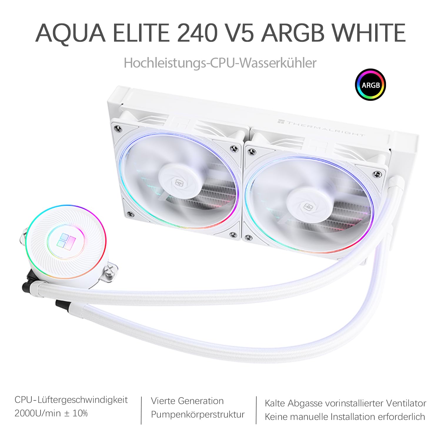 Aqua Elite 240 V5 ARGB White Refroidisseur liquide pour processeur, refroidissement AIO, double ventilateur PWM, ARGB, 2000 tr/min, pour AM4/AM5, Intel LGA1851/1700/115x/1200, blanc