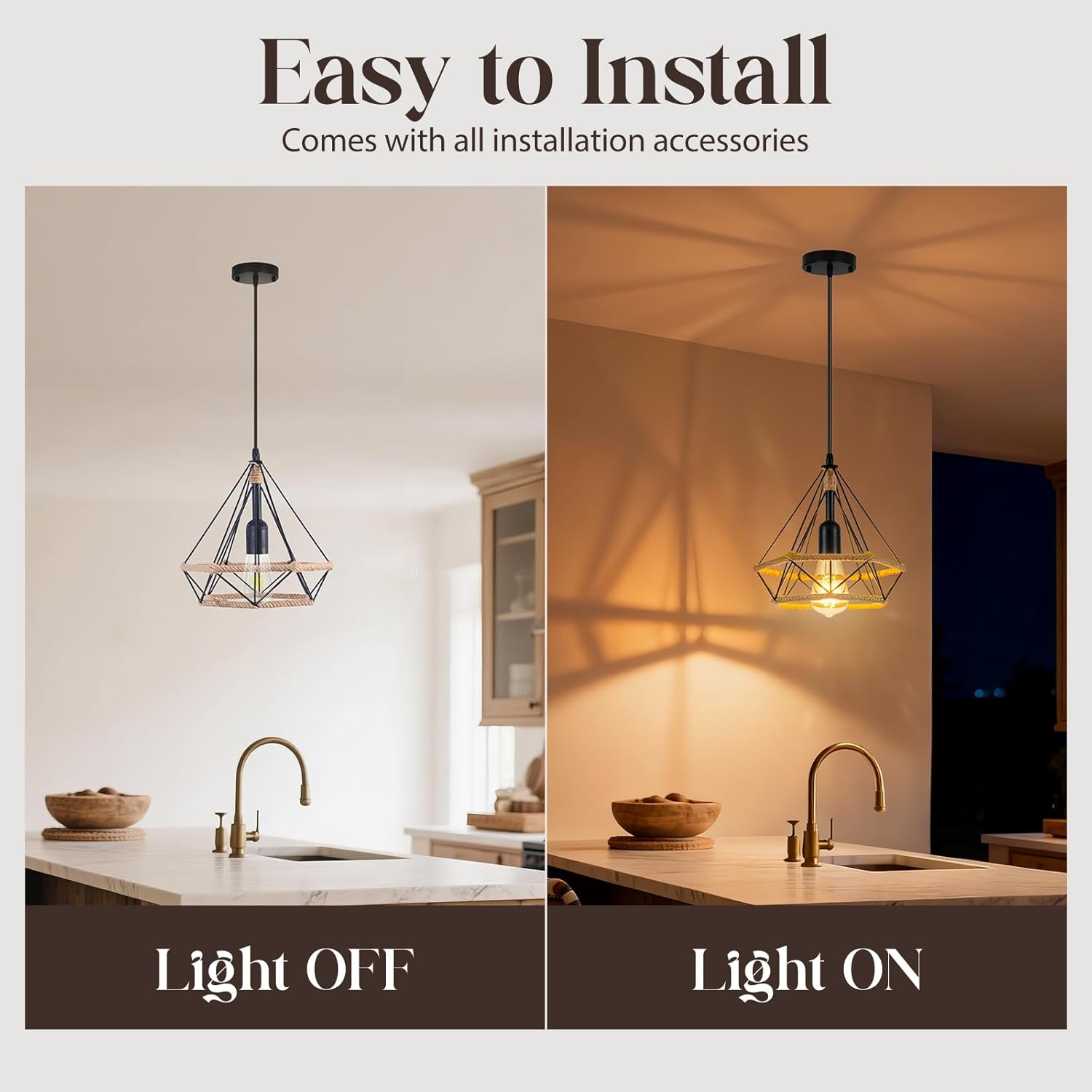 ropelux Pendant Lights Fixtures, Black Farmhouse Kitchen Island Lighting, Adjustable Height Modern Metal Hanging Light Fixture for Kitchen Island Sink Dining Room Bedroom- 2 Pcs