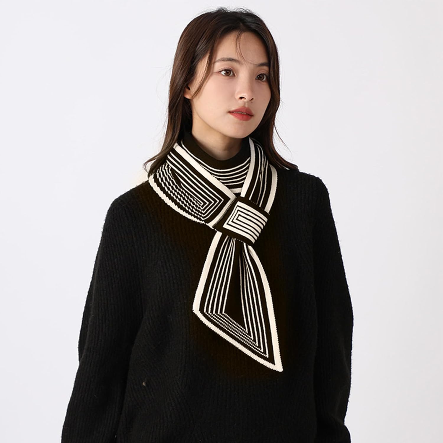Winter Skinny Knitted Scarf Women Easy Pull-Through Stripe Houndstooth Animal Print Knitted Neckerchief Collar Scarf - Image 2