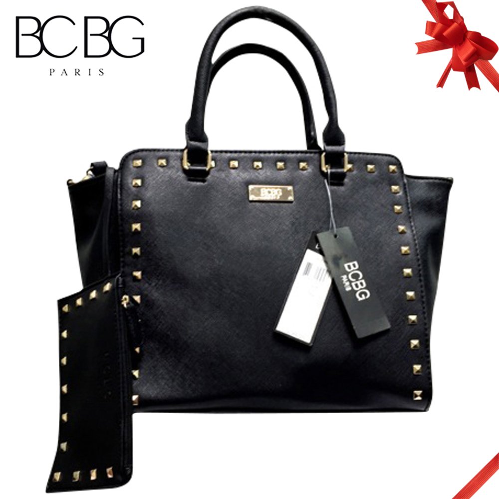 Bcbg Paris Tote Square w/Studs, Simple Style Pure Color Pu Leather Tote Shoulder Handbag for Women (Black)