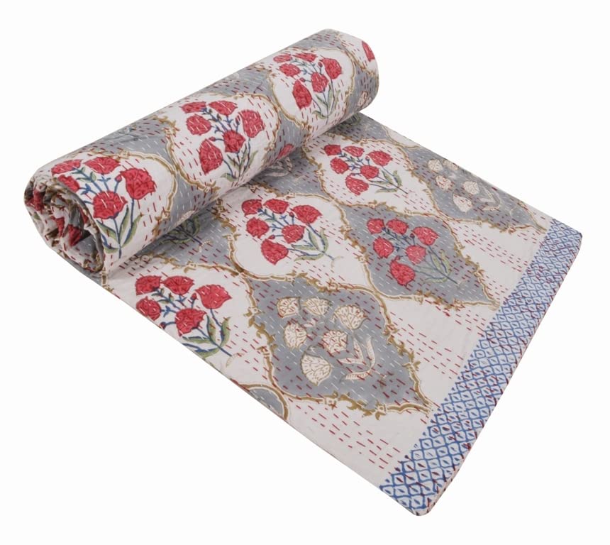 V Vedant Designs Indian Kantha Quilt Block Printed Kantha Blanket Cotton Kantha Bedspread Handmade Coverlet Throw Queen & Twin Size Kantha Bedcover (Multi 02, Queen(90x108))