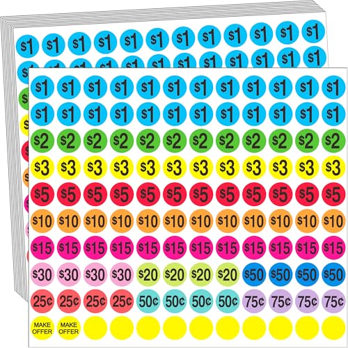 Garage Sale Price Stickers 2040 Pieces Yard Sales Sticker 3/4 Inch Round Price Tags Labels Multiple Denominations Bright Colors
