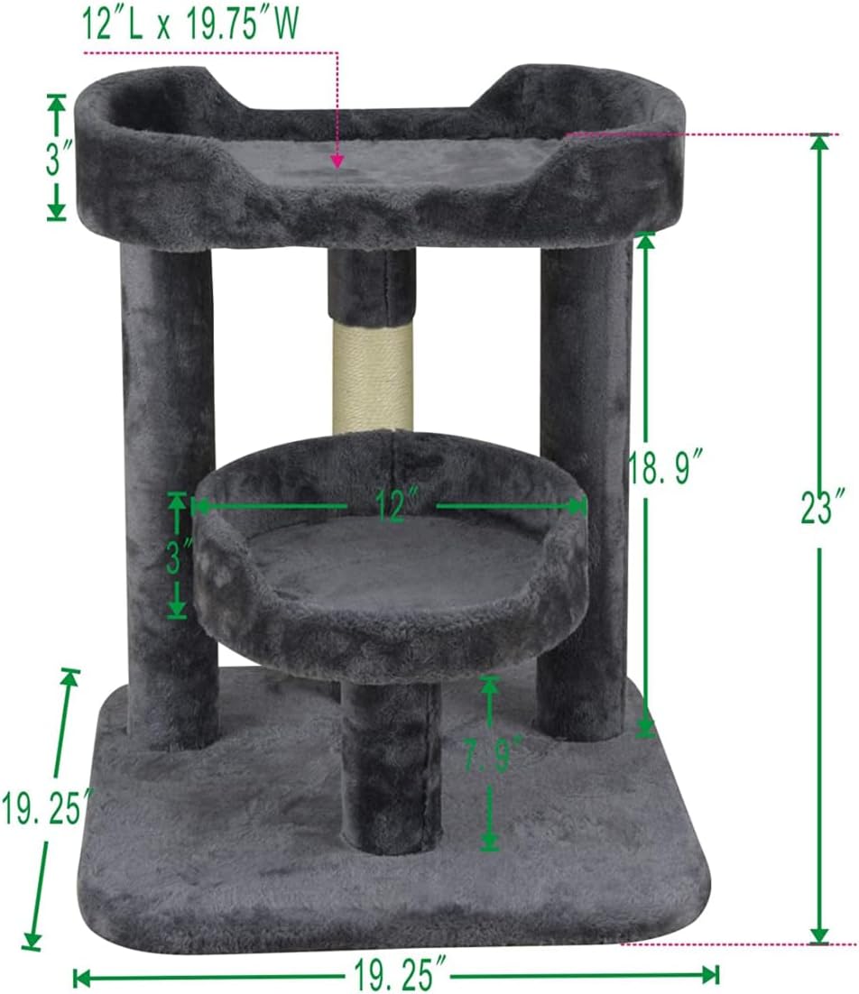23" Cat Tree Tower with Cat Condos - Large Cat Tree - Cat Tower for Indoor Cats - Play Scratch Hide Climb Activity Furniture with Toy - Gray