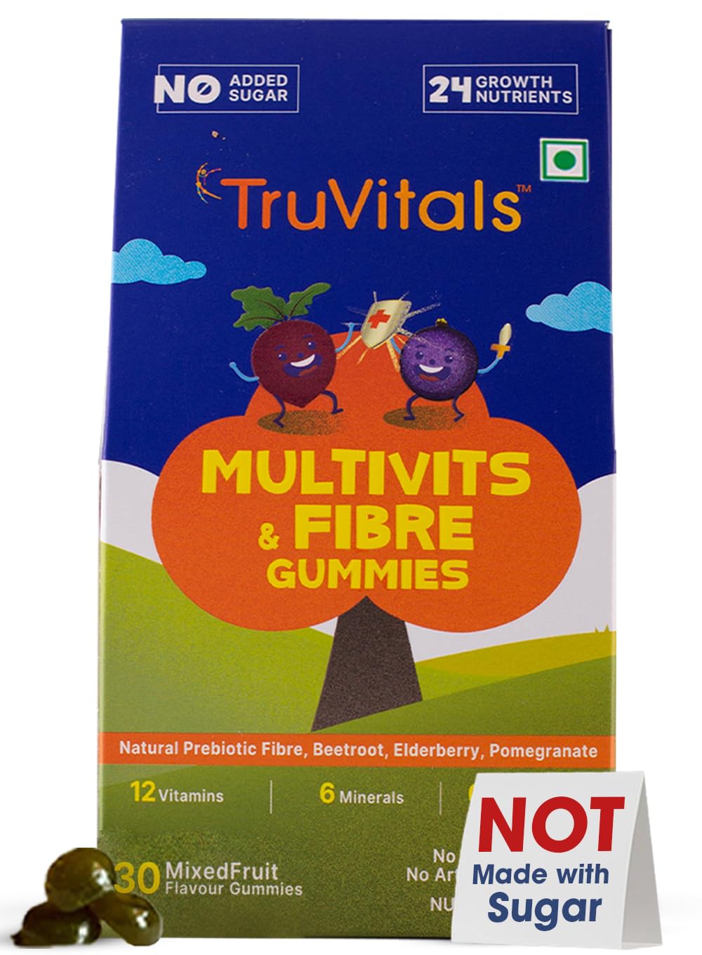 TruVitals Multivitamin Gummies For Kids For Immunity | Made With Chicory (Natural Prebiotic Fiber) For Digestion| No Added Sugar| 24 Nutrients - Vitamin A, B Complex, C, D, Zinc (30 Count (Pack Of 1))