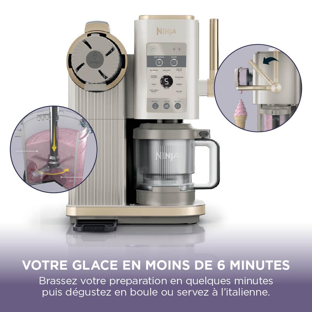NINJA CREAMi Sorbetière Scoop and Swirl avec 2 pots, 13 modes pour réaliser crèmes glacées, glaces à l’italienne, gelatos, sorbets, milkshakes et plus, option Extra, Stone/Or NC701EUSTGD