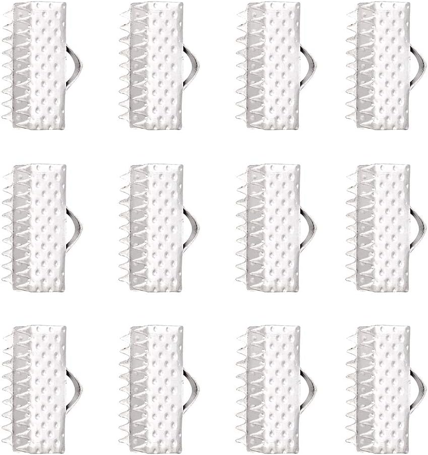 Craftdady 100Pcs Silver Ribbon Ends 13x7mm Bookmark Pinch Crimp Clamp Cord End Fastener Clasps with 2mm Loop for Leather Suede Jewelry Making