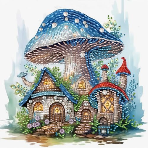 Image of AiYuanzsh Diamond Art Painting Kit Mushroom House 12x12inch | For Adults, 5D Special Shape, For Beginners, Crystal Rhinestones, Home Wall Decoration Gift