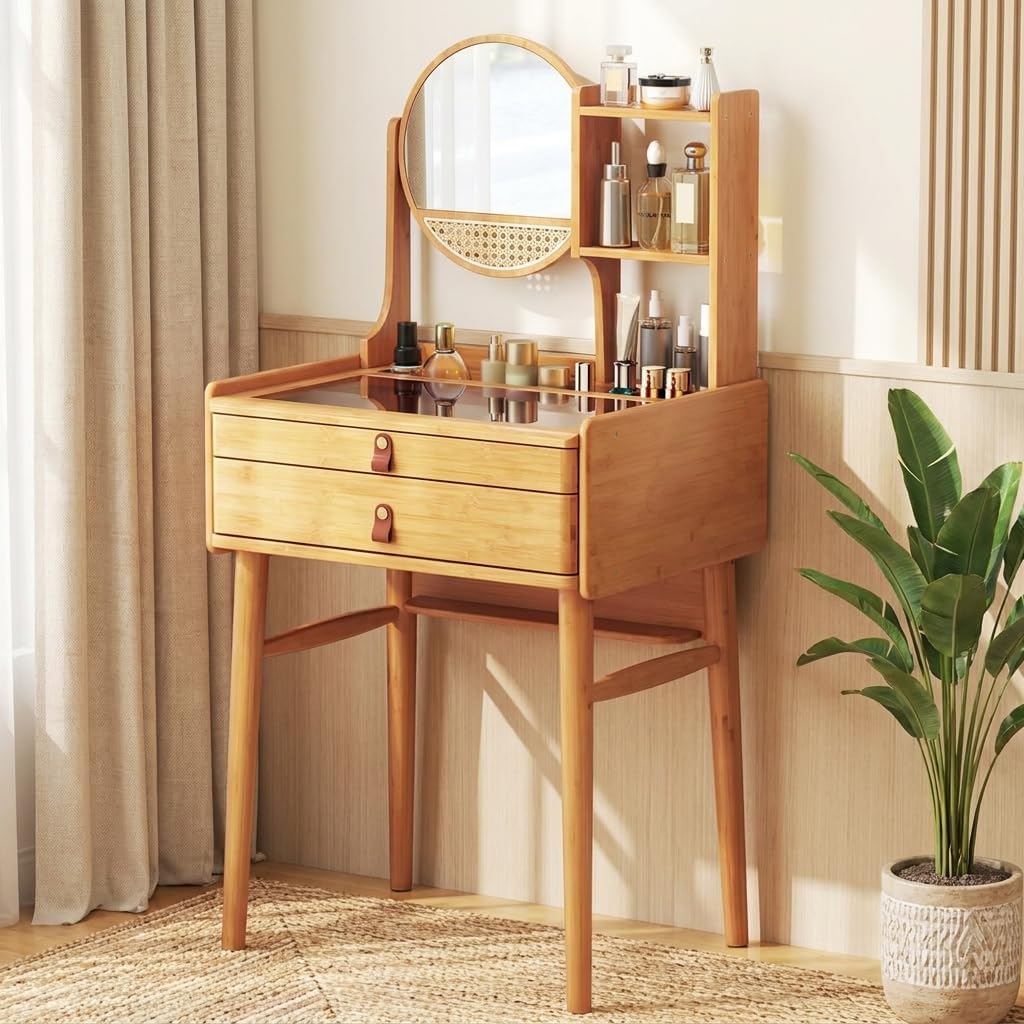 LDAILY Bamboo Makeup Vanity with Adjustable Mirror and Storage