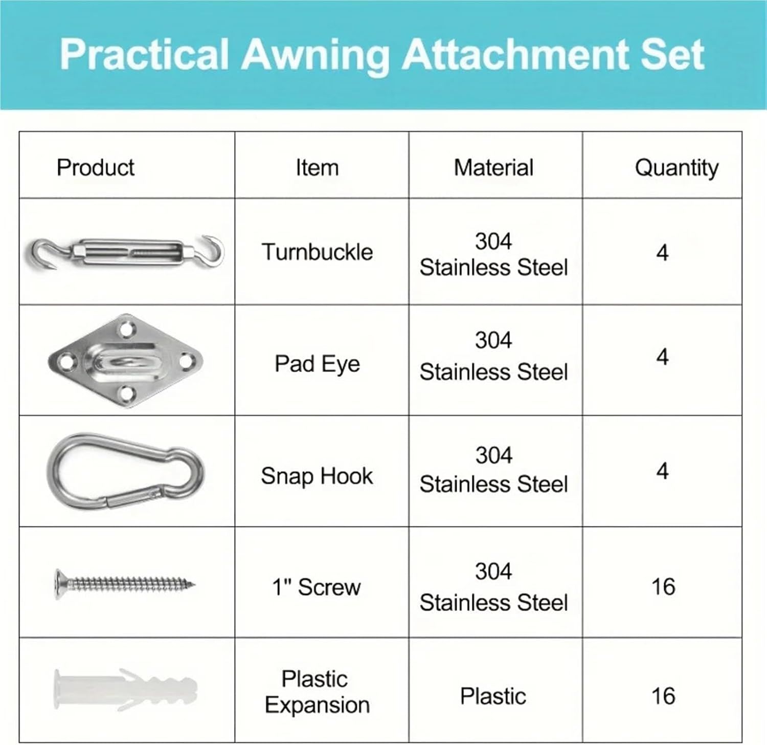 Shade Sail Hardware Kit 44pcs Heavy-Duty Sunshade Sail Kit Hardware Kit, Outdoor Installation Accessories(G3537A Quadrangle se)