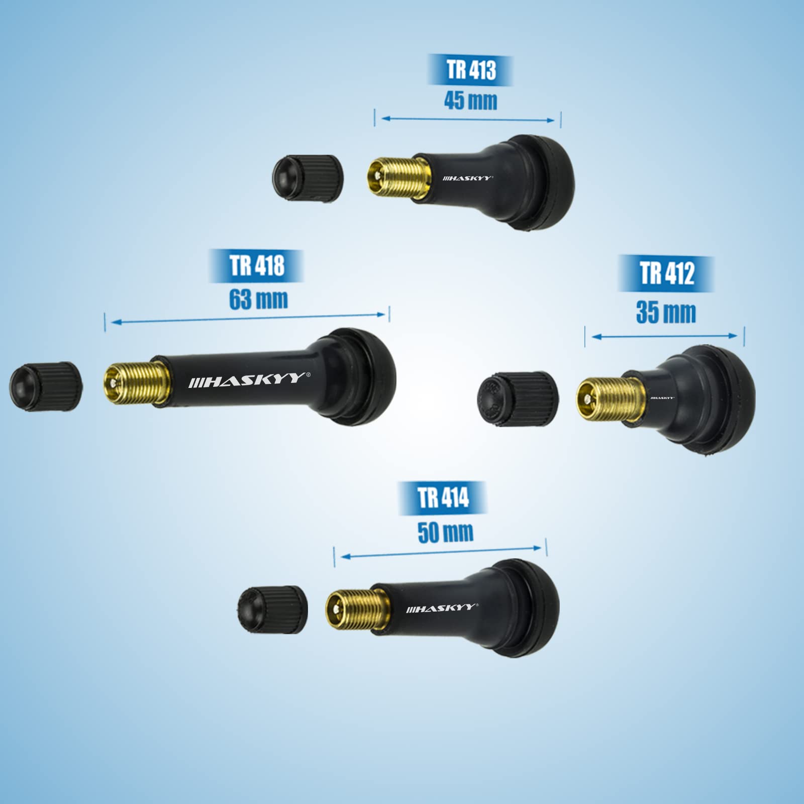 HASKYY150 Kit de Caoutchouc pour Valve Auto 25x TR412, 25x TR413, 50x TR414, 50x TR418 I Valve en Caoutchouc pour Voiture Snap-on I Bouchon de Valve Pneus Capuchons de Valve