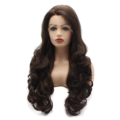 Miniatura 3 de Pelucas sintéticas con encaje frontal de 26 pulgadas, dos tonos, mezcla de marrón, mitad atada a mano, con encaje frontal sintético