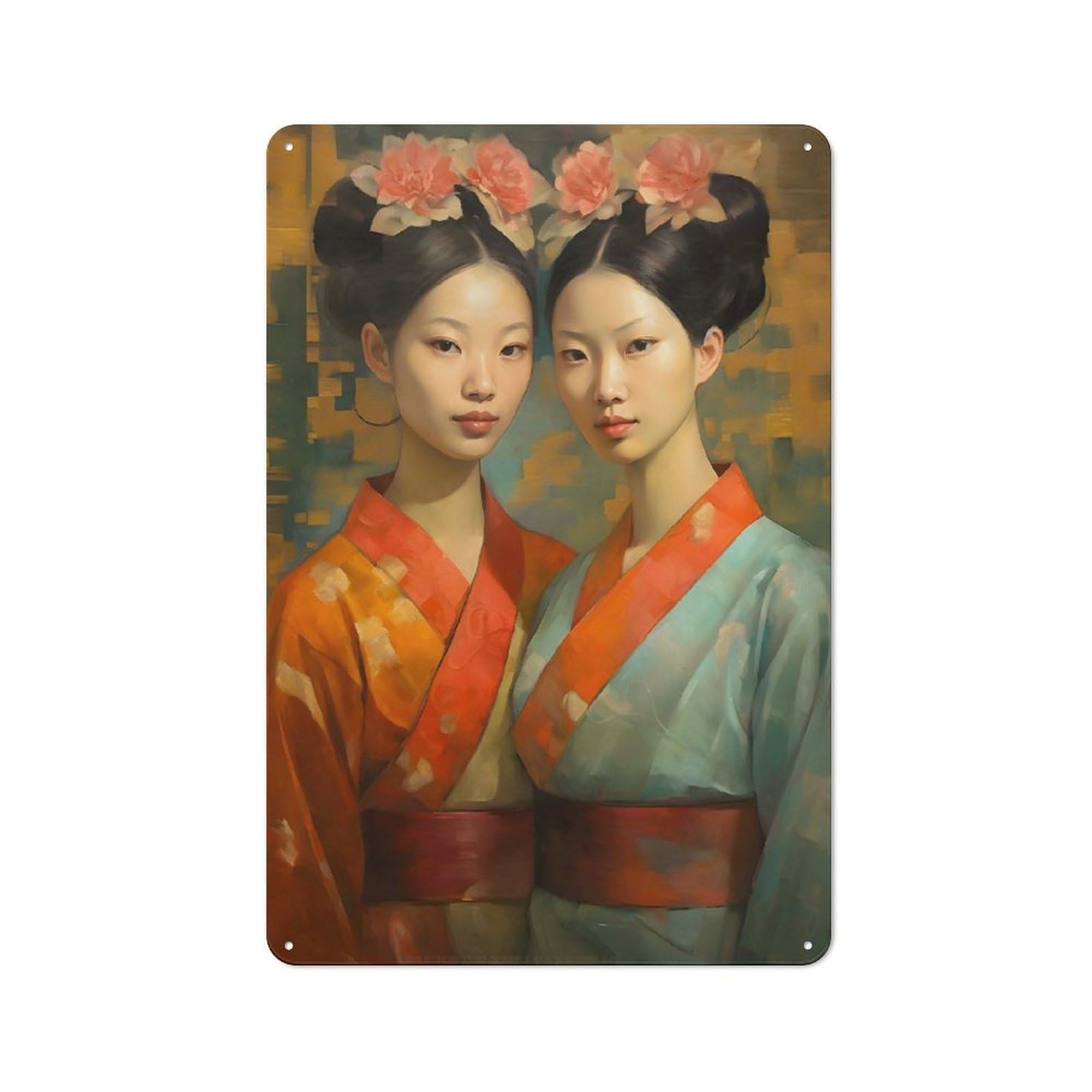 Junmoney Style-15 Painted Asian Twins Cottage Style Metal Wall Decor 30X20cm, Decorative Tin Sign For Cottage, Kitchen, Hallway Or Breakfast Nook