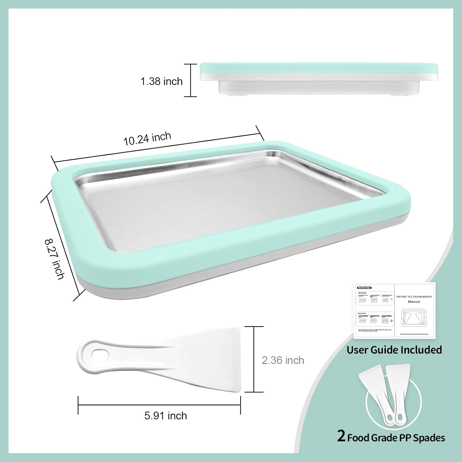 Rolled Ice Cream Maker, Instant Ice Cream Maker, Instant Gelato Pan/Roll, Homemade DIY for Fun Parent-Child Activities Families Mint Green