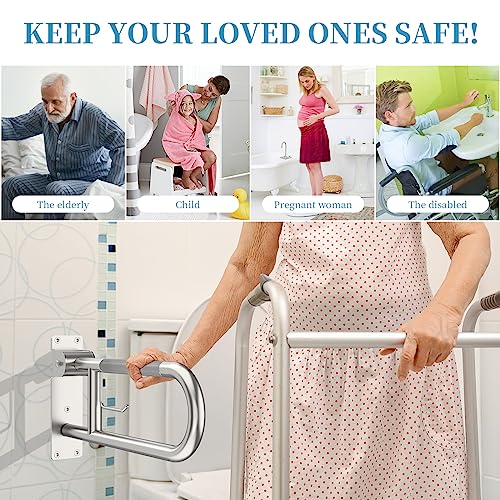 Image of Toilet Grab Bar 24 Inch, Munzong Anti-Slip Handicap Grab Bars with Paper Holder, Flip-Up Bathroom Toilet Safety Rails, Stainless Steel Knurled Support handrails for Seniors Elderly Disabled Pregnant