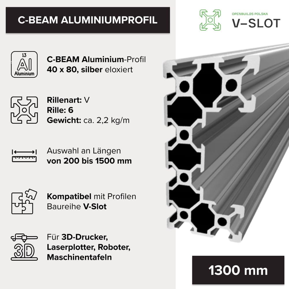 C-BEAM V-Nut Aluminiumprofil 200-1500mm für CNC für 3D-Drucker V-SLOT T-förmiges Profil, Profil für Fräsmaschinen, Aluminiumprofil für 3D-Drucker und Laser (1300mm)