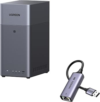 UGREEN NAS DH2300 2-Bay NAS Bundle, 2.5Gbps USB LAN Converter Adapter Included, NFC One-Touch Connection, Supports 4K Video Playback, Up to 60TB Storage, 4GB RAM, Onboard Memory, Backup for Beginners, Easy Setup HDD Not Included